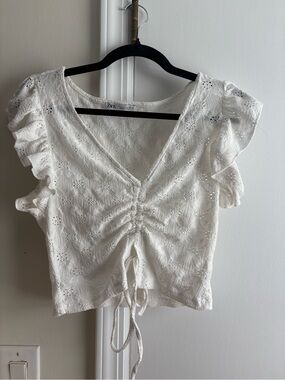 Zara White Eyelet Ruched V-Neck Tie-Front Crop Top